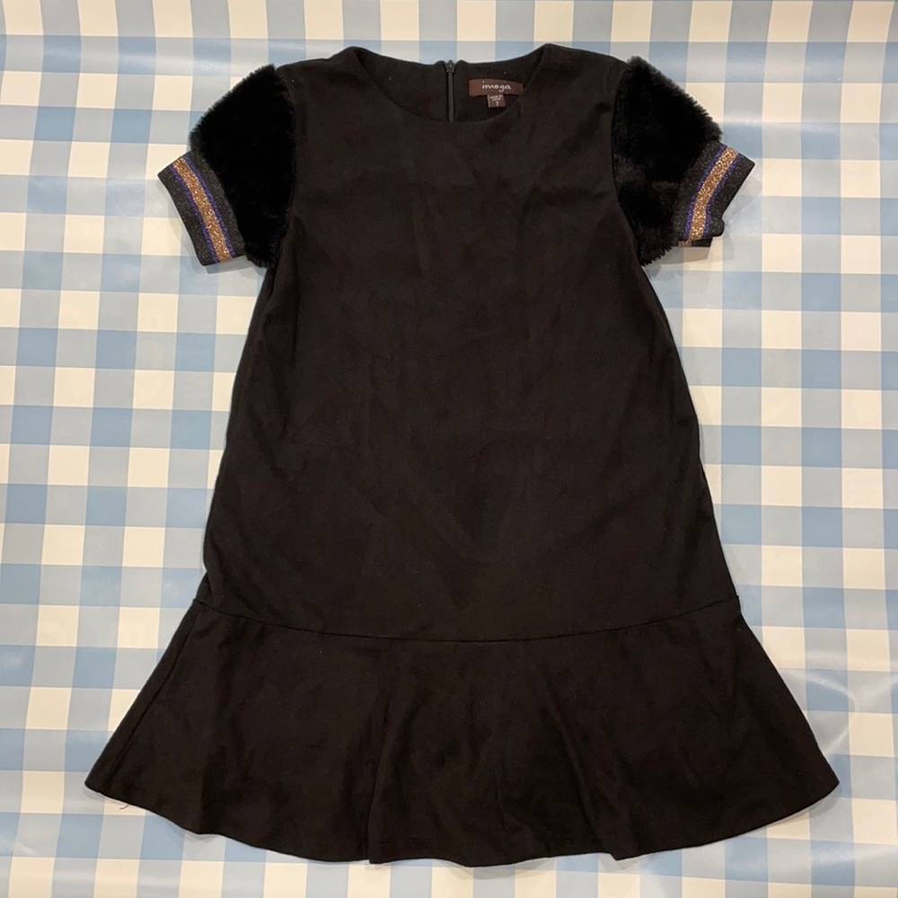 Imoga Faux suede, faux fur cap sleeve, black with navy blue & gold detail dress.